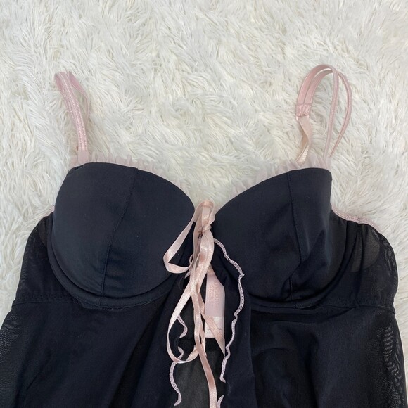 Victoria's Secret Black Pink Sheer Small Bra Front Clasp Bow Chemise Lingerie - Picture 2 of 7